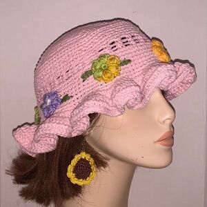 Crochet pink with Flower Bucket Hat with wave brim adult sz